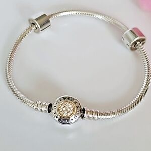 Pandora 14K Gold Sterling Silver Logo Clasp Snake Chain Charm Bracelet  7"